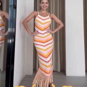 Ecru Chevron Maxi Dress with Fringe